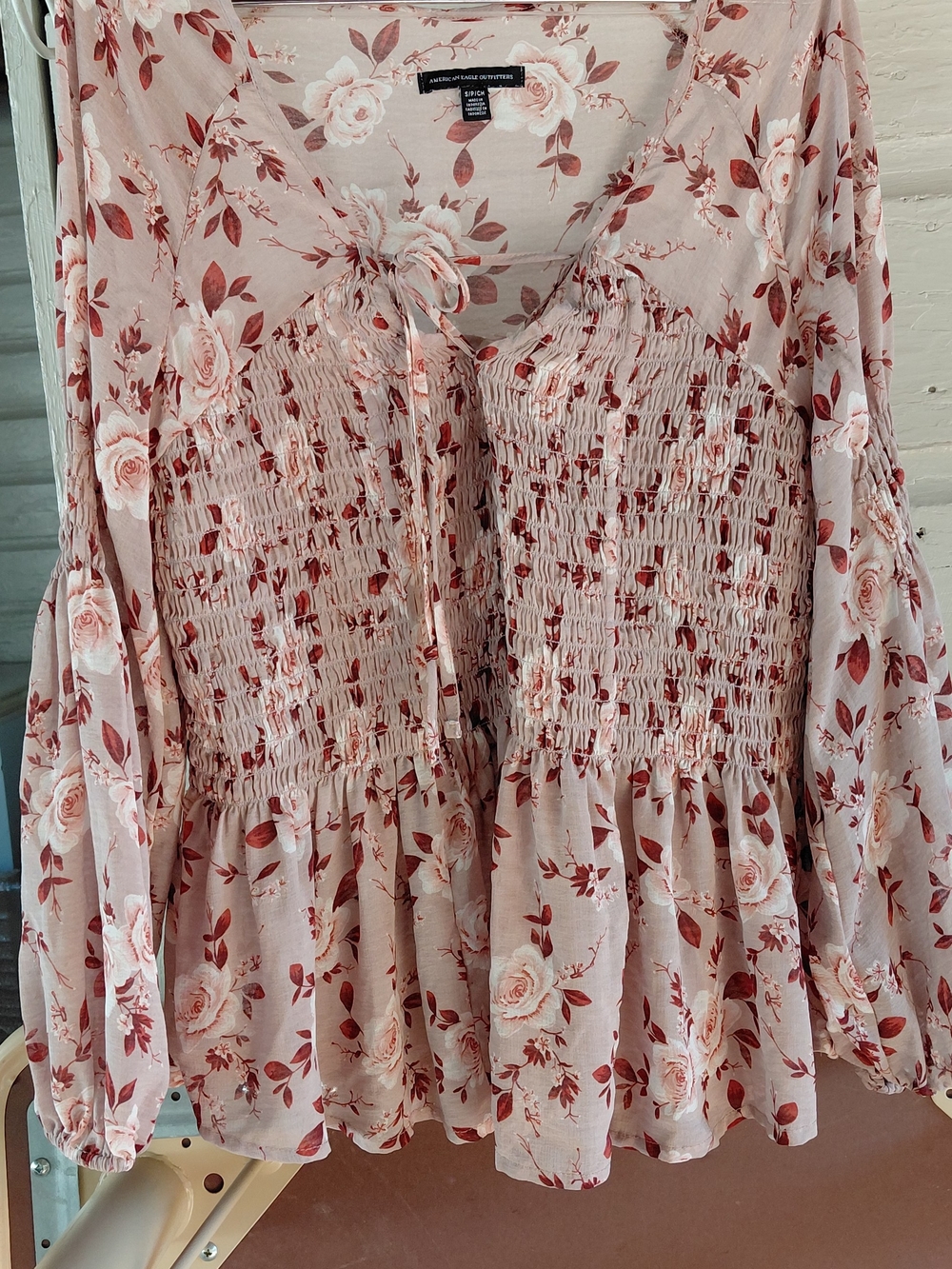 American Eagle Outfitters Dusty Pink Floral Smocked Peplum Blouse